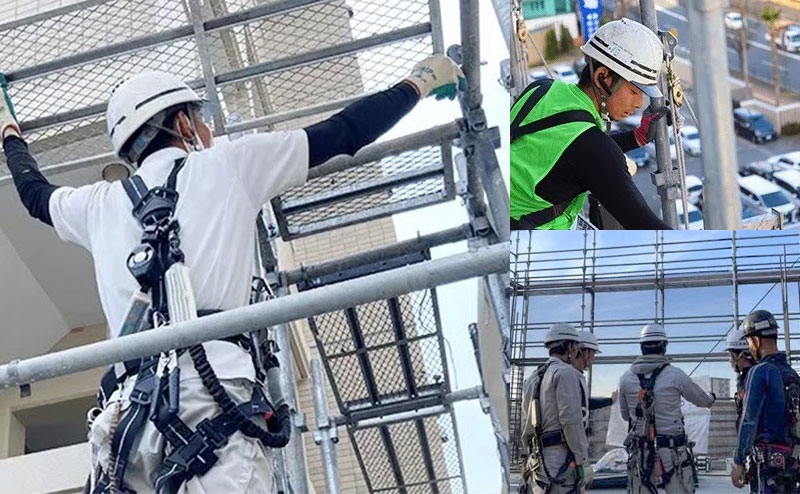 川西興業の職人による足場施工と現場打ち合わせ